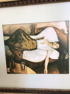 Ornate Carved Wood Picture Frame with Mat and Art Print - Brown